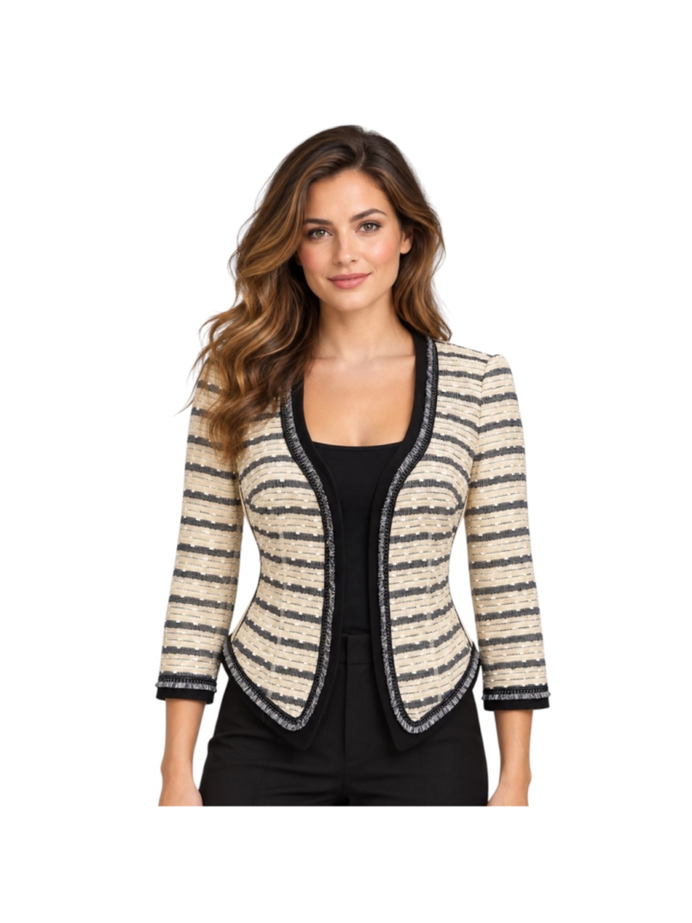 White House Black Market Striped Tweed Open Front Jacket Size 4